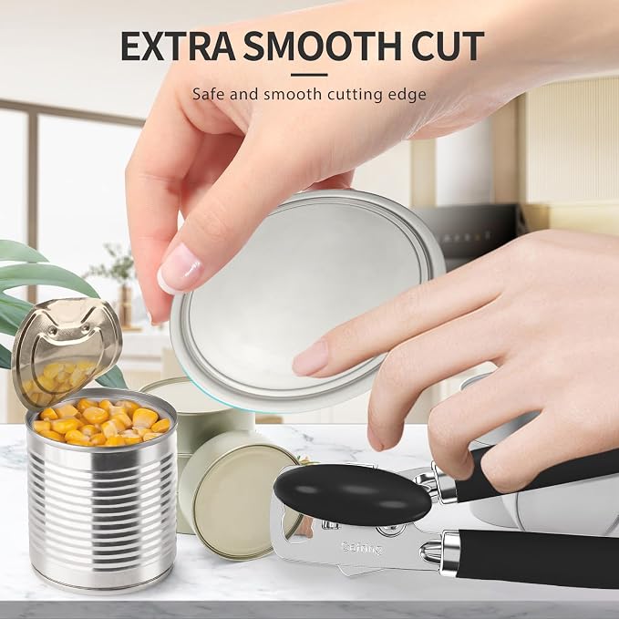 Safring Can Opener Manual, Heavy Duty Stainless Steel Smooth Edge Can Openers With Soft Touch Handle, Oversized Handheld Easy Turn Knob, Multi-Function Bottle Opener, Black