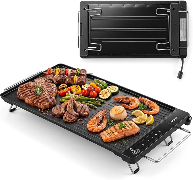 COSTWAY Electric Grill w/Removable Touch Panel, 1300W Indoor Griddle w/Adjustable Temperature, Fast Even Heating, Cool-Touch Handles & Foldable Legs, Dishwasher Safe IPX9 Waterproof Nonstick Plate