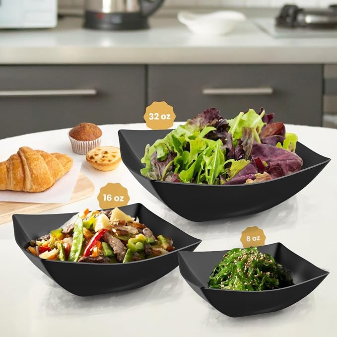 R-kay 6 Pack Square Plastic Serving Bowls - Black Plastic bowls 8 Oz - Disposable Serving Bowls, Disposable Heavy Duty For Weddings Catering And Birthday parties