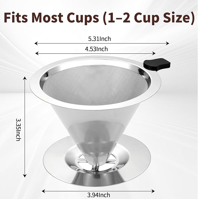 Pour Over Coffee Dripper, Reusable Stainless Steel 600 Mesh Coffee Filter | Paperless Double Mesh Pour Over Coffee Maker, Portable and Easy to Clean for 1-2 Cups with Heat-Resistant Silicone Handle
