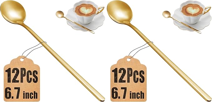 12 Pcs Coffee Spoons Set, 6.7" Gold Tea Spoons Long Handle, Gold Small Teaspoons, Stainless Steel Espresso Spoon, Long Spoon for Stirring, Coffee Bar Accessories (Pack of 2)