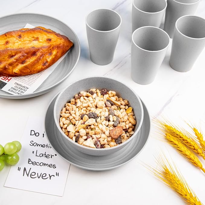 32Pcs Grey Wheat Straw Dinnerware Sets, Unbreakable Dish Set For 8 | Reusable Plastic Plate Set For Outdoor Camping And RV, Lightweight Elegant Plates For Family Daily Dining