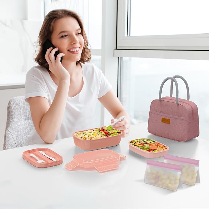 JBGOYON Leakproof Bento Box & Insulated Lunch Bag Set, lunch box for women | 6-hour thermal retention, includes nested knife fork spoon, 2 reusable snack pouches, designed for adults and kids