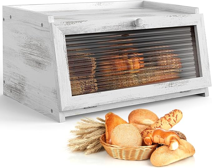 LOHASOK Bread Box for Kitchen Countertop | Wooden,Large, Farmhouse Bread Container Holder Storage, Acrylic translucent window