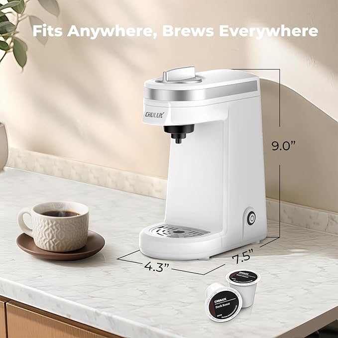 CHULUX Mini Single Serve Coffee Maker, Portable Pod Coffee Machine, White | Fast-Heating Boiler System, Single Cup Brewing, Portable Compact Design, Four-Hole Multi-Stream Needle, Adjustable Drip Tray