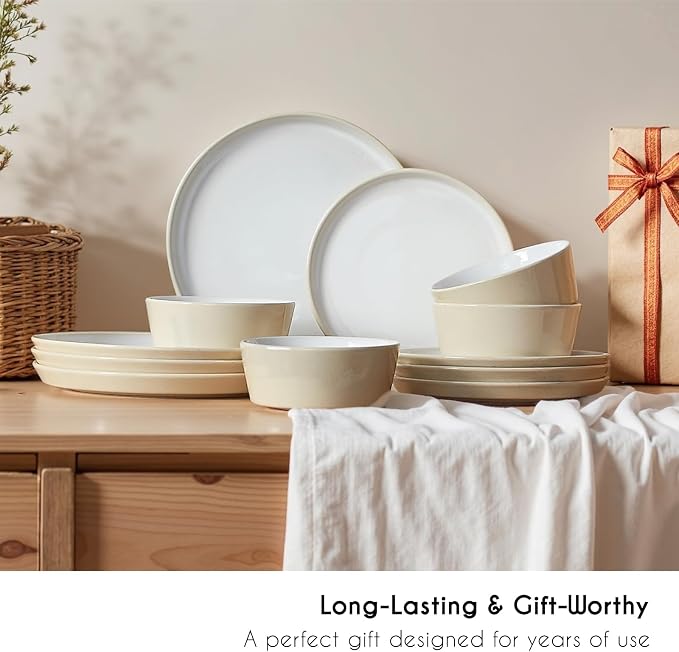 Stoneware Dinnerware Set for 4(12Pcs) – Microwave & Dishwasher Safe Plates and Bowls with Reactive Glaze – Rustic Farmhouse Modern Design for Everyday Dining, Wedding & Outdoor - Light Beige