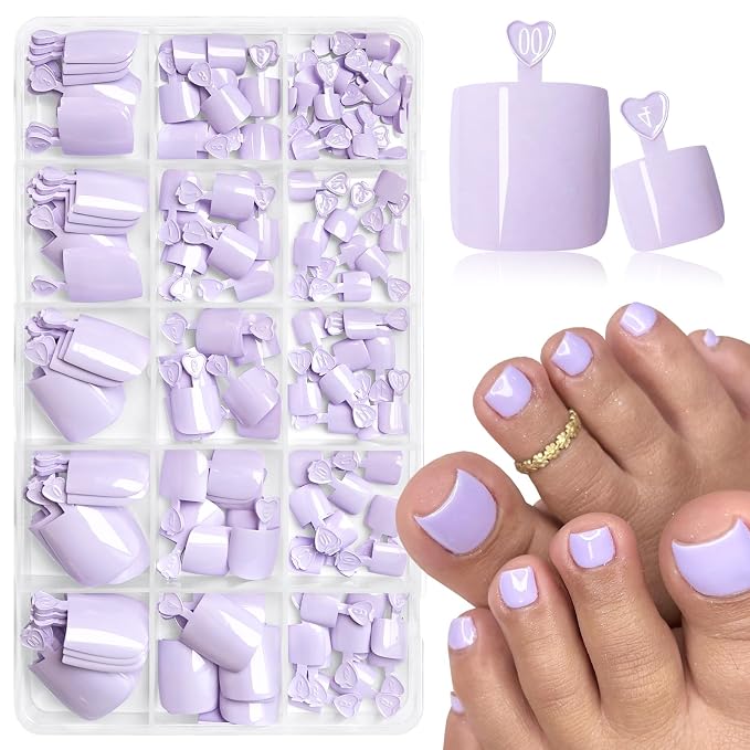 AddFavor 160pcs Purple Press on Toenails for Women, Full Cover Fake Toe Nail Tips with Adhesive Tabs, Artificial Pedicure Toe Nail Press ons, Purple False Toenail Press ons