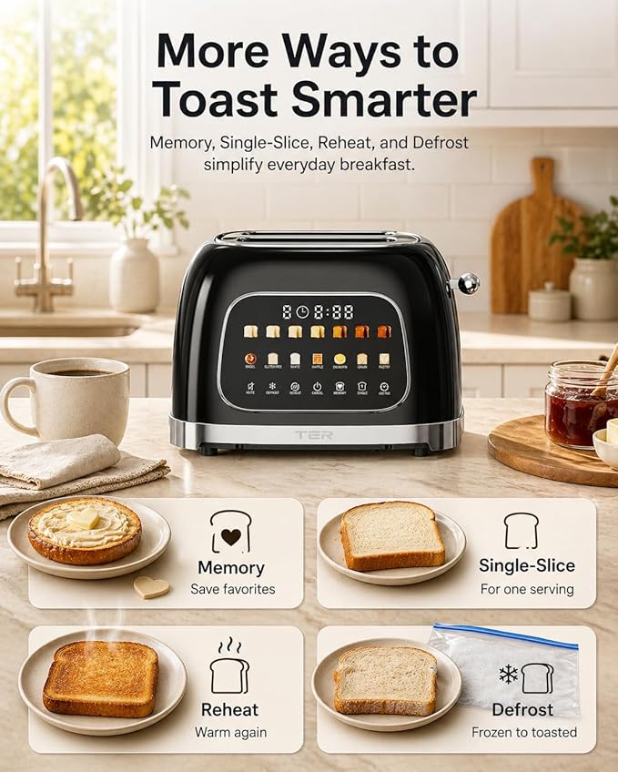 TER Touch Screen Toaster 2 Slice, 1.5" Wide Slot, Stainless Steel, Black | Smart Digital Retro Toaster for Bagel & Thick Breads, 7 Bread Modes & 7 Browning Levels, Memory Function, Defrost & Reheat