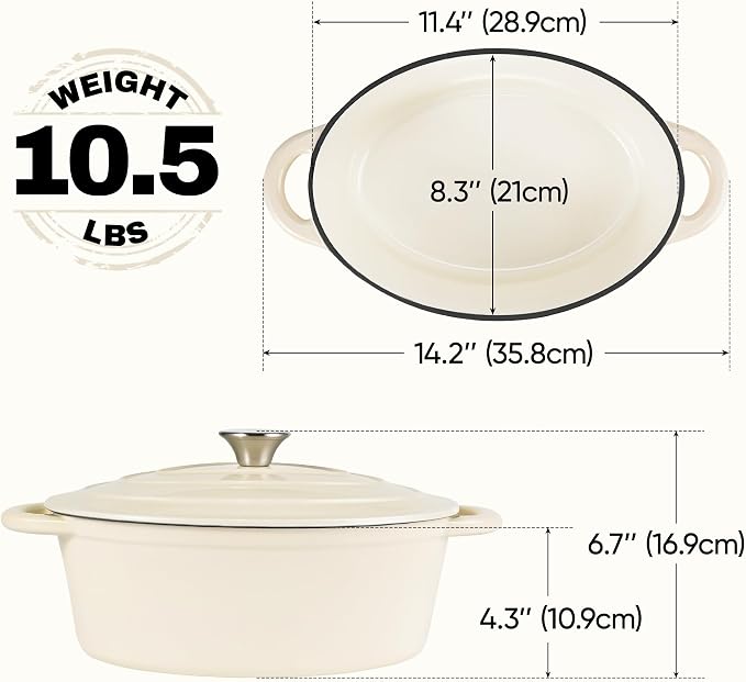 Oval Dutch Oven for Bread Baking, 4.5 Quart Non Stick Enameled Cast Iron Dutch Oven Pot with Lid, Oven Safe Oval Casserole with Lid up to 500°F for Baking, Braising, Stews, Roasting (Beige)