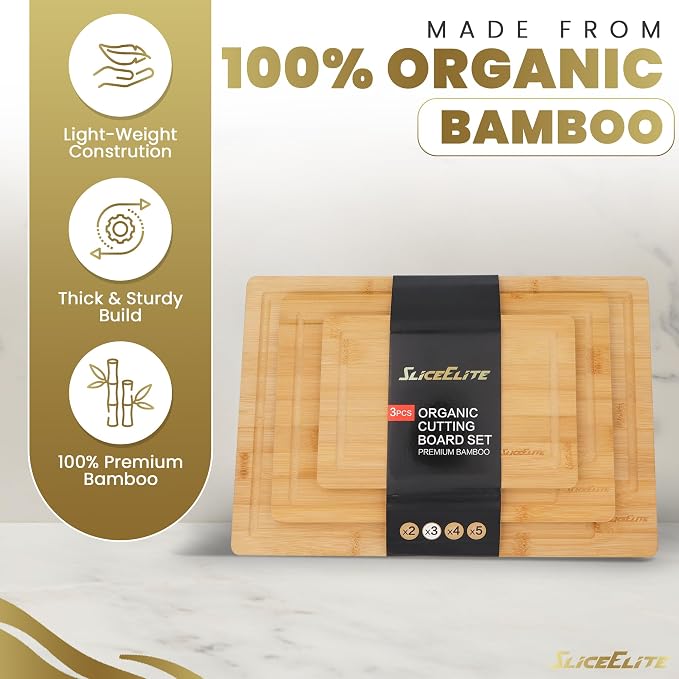 SliceElite Wood Cutting Board - 3 Piece Bamboo Cutting Board Set, Wooden Cutting Boards for Kitchen with Deep Juice Groove, Side Handles - Wood Chopping Boards for Meal Prep, Meat, Vegetables