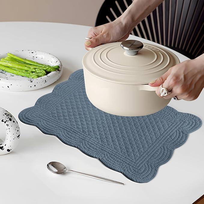 6 PC Quilted Placemats, 18"X13"Extra Large Cotton Placemats Set of 6, 100% Cotton Fabric Washable Cloth Table Mats for Kitchen & Dining Table - Soft &Easy Clean(Navy Blue, Rectangular)