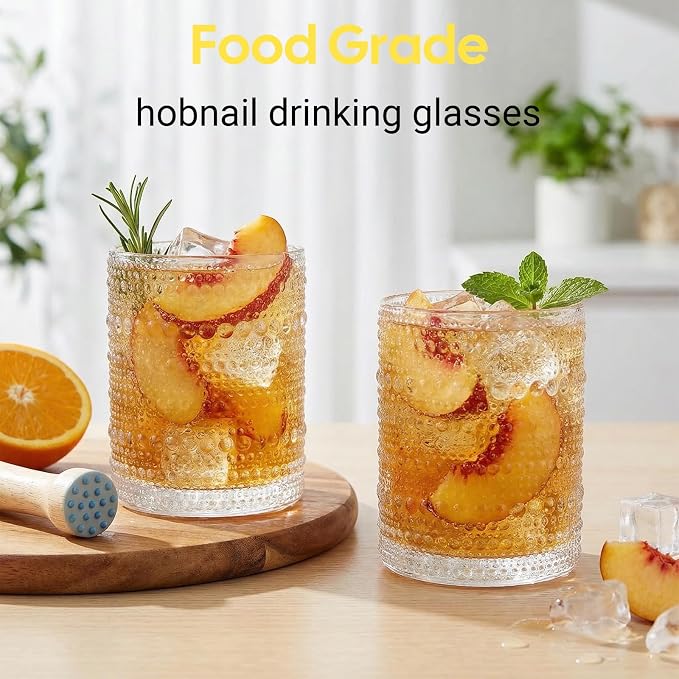 10 oz Hobnail Drinking Glasses,12 Pack Embossed Clear Tumblers | Vintage Glassware Beverage Set for Cocktails, Water, Beer & Juice