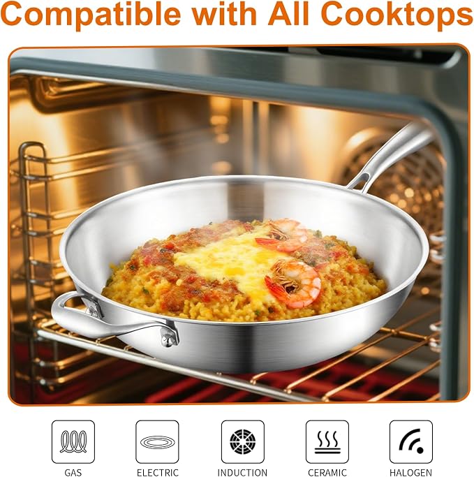 DELARLO Tri-Ply Stainless Steel Wok, 12 Inch Healthy Non-Toxic Cooking Wok Pan with Lid, With Side Ear, Wide & Deep Cookware Stir-Fry Pans, Dishwasher and Oven Safe Up To 600°F, Works on Induction