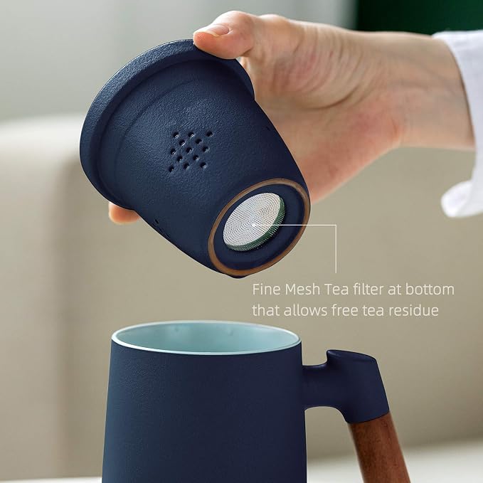 ZENS Tea Mug with Infuser and Lid for Loose Leaf Tea Steeper, 12oz Blue | Embossed Ceramic Tea Cup with Infuser for Herbal Tea Difussers, Tea Lovers Gifts, Nature Wood Handle