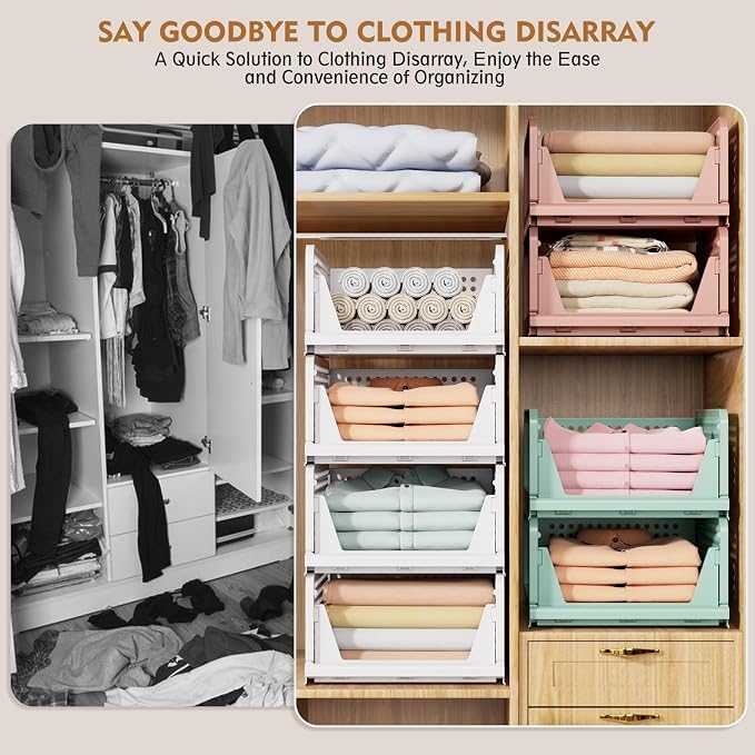 Upgraded Closet Organizers and Storage, Stackable Closet Organizer Basket | 5 Pack Foldable Closet Storage Bins for Bathroom Laundry Room Wardrobe Storage, Space-Saving Clothes Drawer Organizer