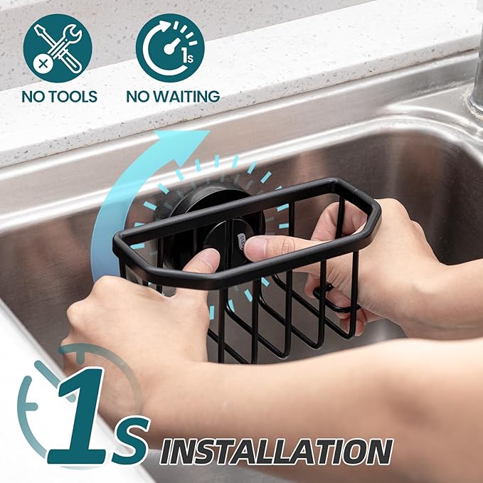 TAILI Sink Caddy with Strong Suction Cup, Sponge Holder for Sink-Black | for Kitchen Sink Organizer, Removable Sponge Caddy Inside Sink, Rustproof Aluminum Holder for Sponges, Brushes, Scrubber