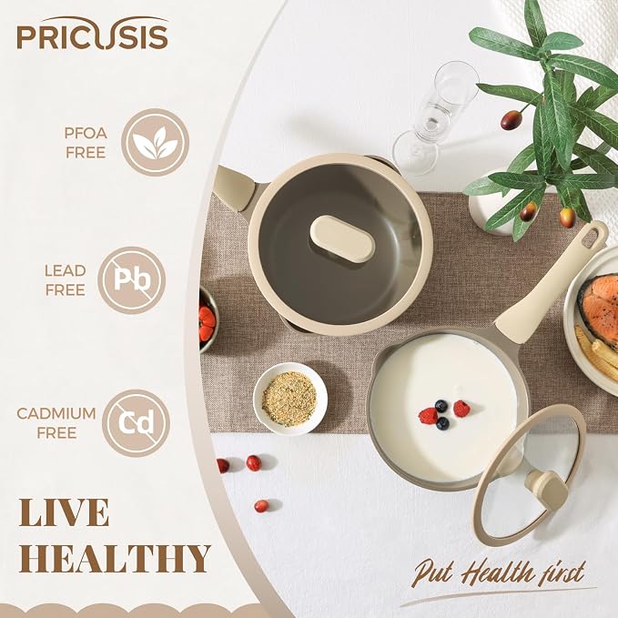 PRICUSIS Nonstick Saucepan with Lid, 2 Quart Sauce Pan, Healthy Sauce Pot with Pour Spouts for Multipurpose Use, PFOS & PFOA Free, Induction Compatible, Apricot