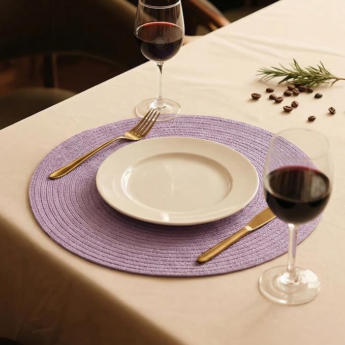 FunWheat Round Braided Placemats Set of 8 Place mats for Dining Tables Woven Heat Resistant Table Mats 15 inch (Light Purple,8pcs)