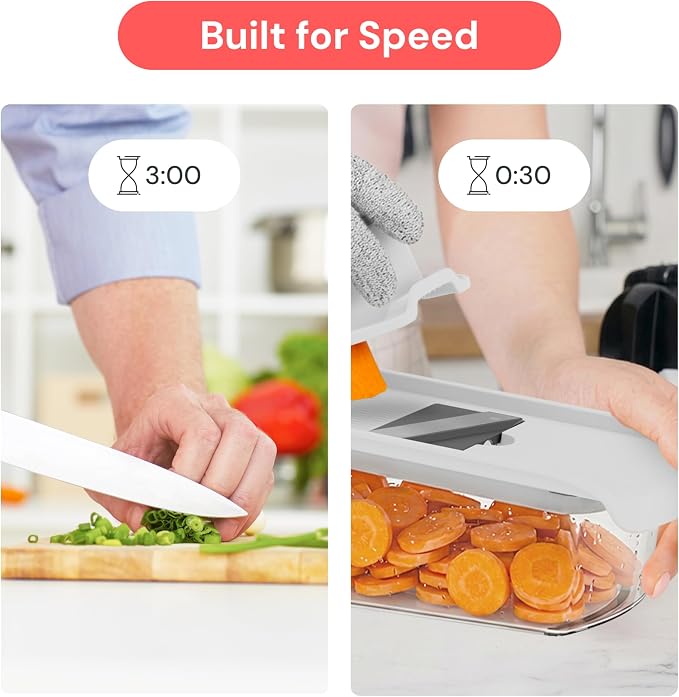 Fullstar Pro Mandoline Vegetable Slicer, Grater & Spiralizer with Container | 11 in 1 Fruit Cutter, Cheese Grater & Spiralizer with Safety Gloves, Stainless Steel Blades & Container (White)