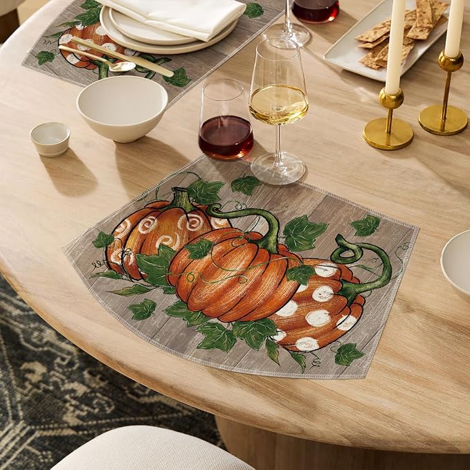Artoid Mode Pumpkins Vine Fall Wedge Placemats Set of 4-12 x 18 Inch | Heat-Resistant, Washable Table Mats, Seasonal Autumn Polka Dot Kitchen Dining Decor