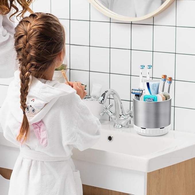 GFWARE Rotating Silver Toothbrush Holder for Bathroom Organizer, Drainage | Detachable 6 Slots Kids Electric Toothbrush and Toothpaste Holder, Bathroom Countertop Sink Storage Caddy