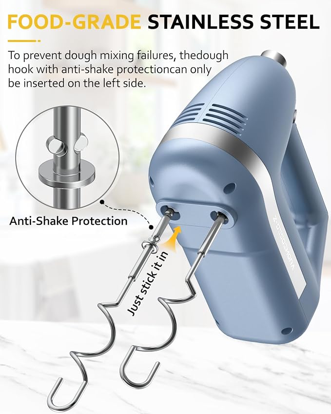Electric Hand Mixer, Powerful Hand Mixer Electric Handheld with 304*(2*Beaters, 2*Dough Hooks),(1*Storage Bag) Hand Held Mixer with Turbo for Baking Cakes,Cream(Blue)