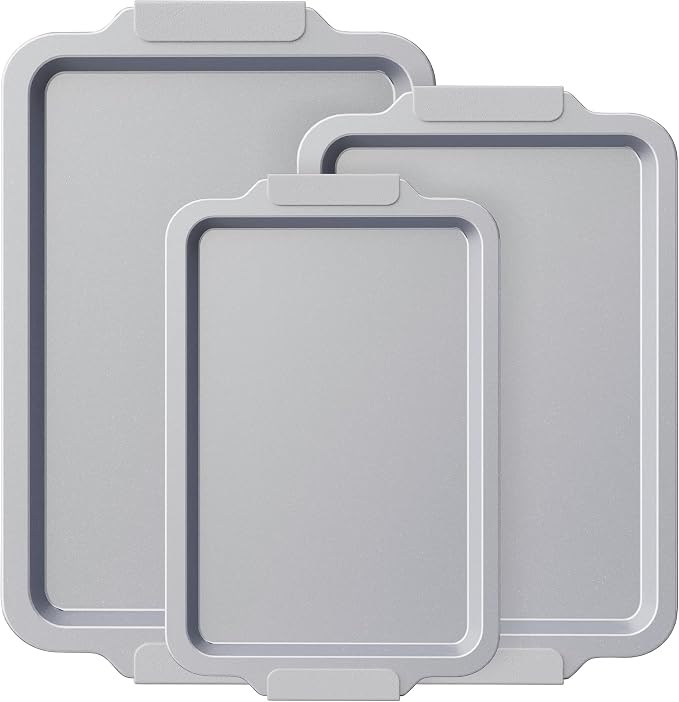 BRONYPRO Non Stick Ceramic Baking Sheet Pan Set of 3, Non Toxic Cookie Sheets (PFOA/PTFE Free), Aluminized Steel Oven Trays with Silicone Handles, Rust-Resistant, Warp-Resistant to 500°F, Light Gray