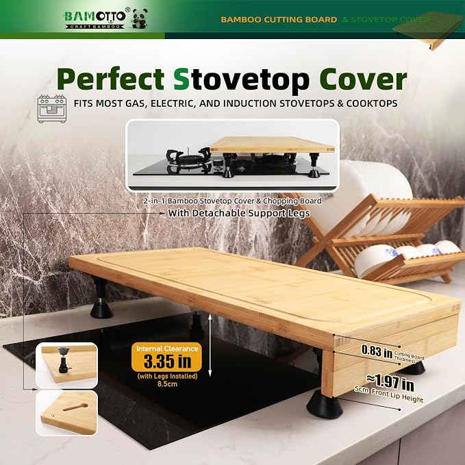 BAMOTTO CRAFTBAMBOO 12.6 x 22 Inch Bamboo Cutting Board — Stovetop Cover, Over the Sink Board with Detachable Legs & Non-Slip Lip, Juice Groove, Kitchen Countertop Extender for Small Kitchen, RV