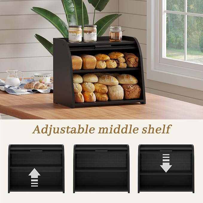 Kitsanery Bread Box for Kitchen Countertop, Bamboo Bread Storage, Double-Layer Roll-Top Bread Container, Farmhouse Bread Holder for Homemade Bread (Black, double layer)