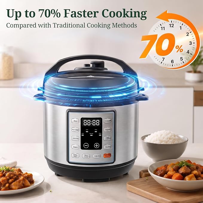10-in-1 3QT Electric Pressure Cooker for Rice and Stews | Ceramic Nonstick Inner Pot, One Touch Controls, Keep Warm Mode, 700W, Stainless Steel Housing, Accessories Included, Silver