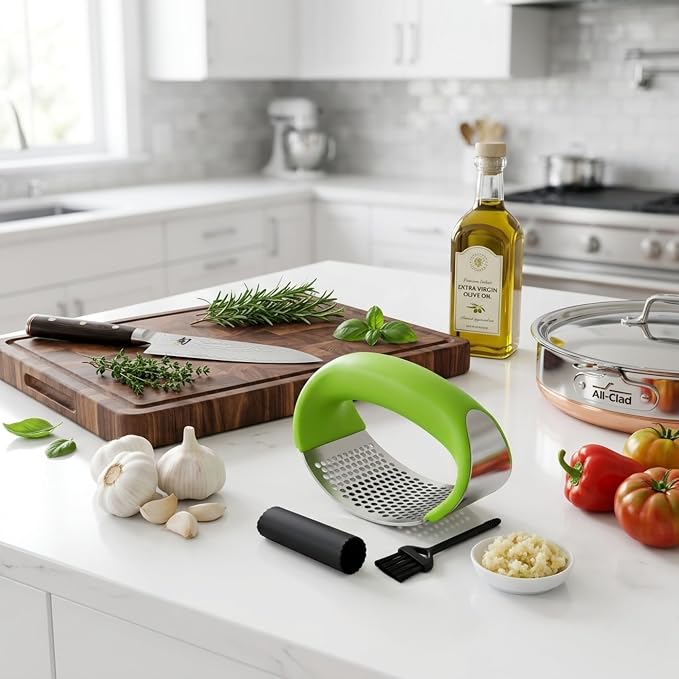 Angel's Peel Lounge Stainless Steel Garlic Press Rocker Set with Silicone Garlic Peeler & Cleaning Brush – Garlic Chopper, Mincer, Grater, Crusher – Easy for Crushed Cloves – Rust-Resistant, Green