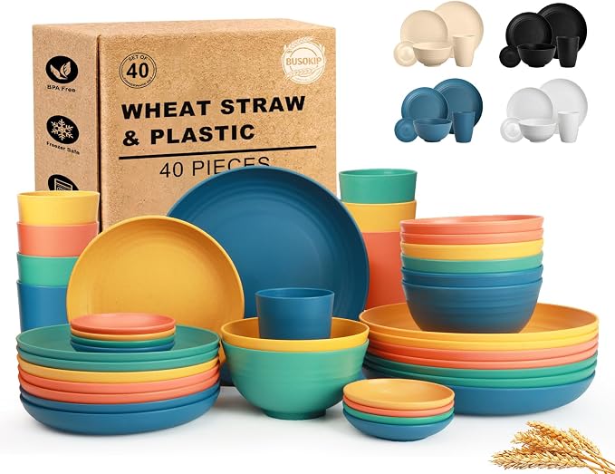 Wheat Straw Dinnerware Sets 40 Piece, Kitchen Plates and Bowls Set, Unbreakable Dishes Set for 8, Microwave and Dishwahser Safe Dishware Sets for Home, Camping, RV, Party - Multi
