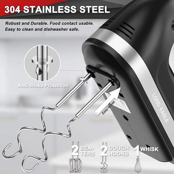 Lord Eagle Hand Mixer Electric Handheld 400W,5-Speed, Lightweight, Black | Kitchen Mixer with Storage Case, 5 Stainless Steel Attachments for Baking Cake Egg Cream Food Beater, Turbo+Eject Button