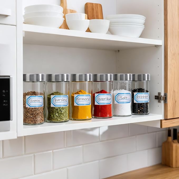 Segarty 3oz Spices Jars with Stainless Steel Lids, 6 PCS 90ml Empty Round Spice Containers, Clear Glass Seasoning Organizers for Spices Storage, Small Salt and Pepper Shaker with 7 Stickers, 1 Brush