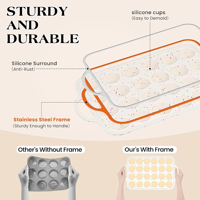 3 Pcs Silicone Baking Pan Set, Cream | Metal Reinforced Frame, Mini Loaf Pan, Standard Muffin Pan, Mini Muffin Pan