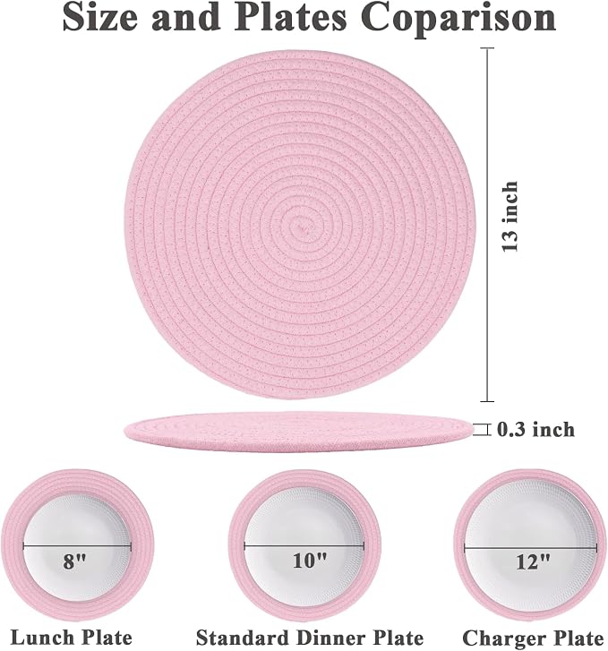 Round Placemats Set of 6, Cotton Rope Woven Table Mats, Hot Pads for Kitchen, Non Slip Heat Resistant Place Mats, 13 Inches Braided Placemat for Farmhouse Decor and Kitchen Table Decor (Pink)