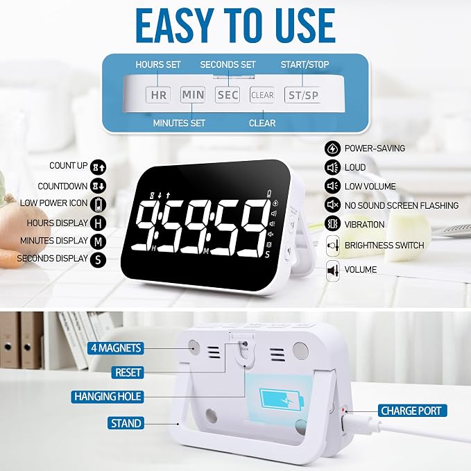 Kitchen Timer （1.5" Number） 10 RGB Color Changing Digital Magnetic Timer, Countdown/Up, Rechargeabilit, 3 Brightness Display, 3 Volume Levels and Vibration Mode, for Classroom, Study, Fitness