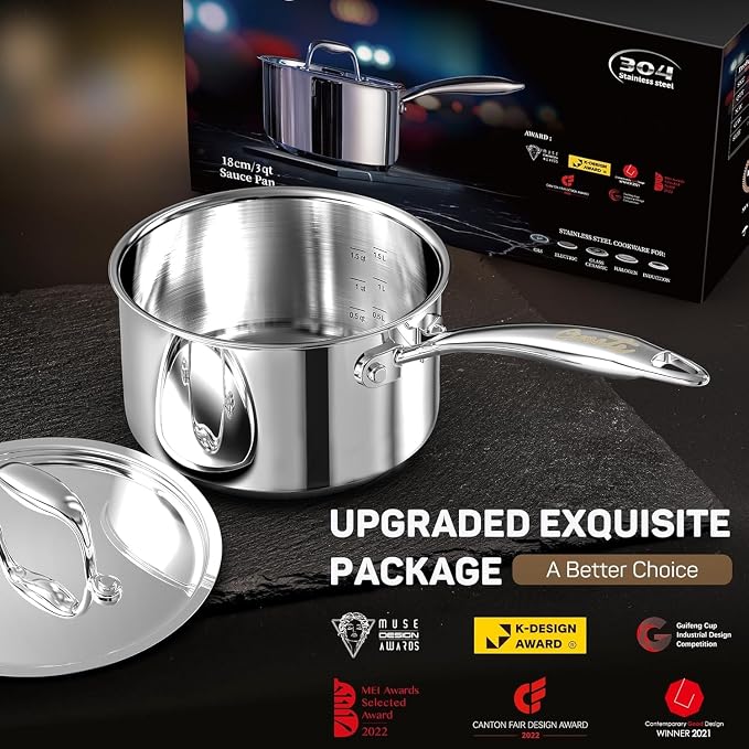 Ciwete 3 Qt Saucepan with Lid - Upgraded Package - 3 Quart 18/10 Stainless Steel Sauce Pan with Mirror Polishing and 2 Sacles, Induction Cookware, Small Pot for Cooking, Dishwasher Safe Oven Safe