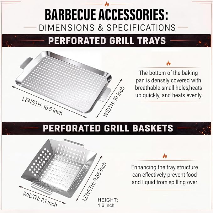 2 Pack Grilling Accessories Outdoor Grill Topper Vegetables Grill Baskets for BBQ, Grilling Pans Trays Griller Baskets with Holes and Handles, Carbon Steel