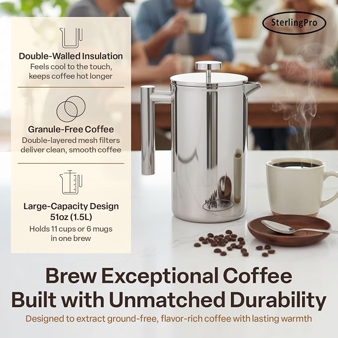 SterlingPro Large Insulated Stainless Steel French Press Coffee Maker 51oz Capacity (44 oz Brew Yield) – Double Wall Metal Coffee Press | Plastic Free | Cool-Touch | Mirror Finish | 12 Cups / 6 Mugs