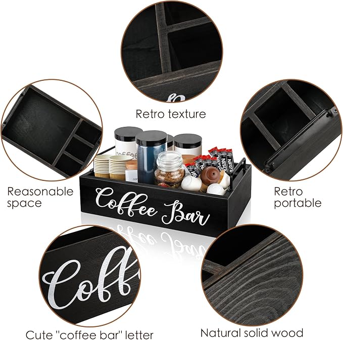 MINCORD Coffee Station Organizer for Countertop | Wooden Coffee Bar Holder Accessories Farmhouse Kcup Pod Storage Basket with Handle - Black