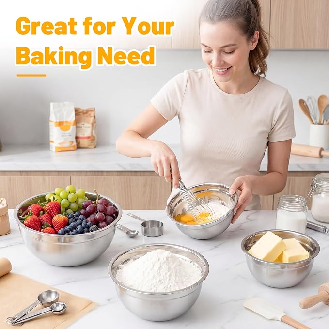 Beasea Stainless Steel Mixing Bowls with Lids, 2 Pack 2.5 QT Stackable Nesting Metal Mixing Bowls with Lids Set, for Baking, Prepping, Serving, Cooking, Kitchen Food Storage