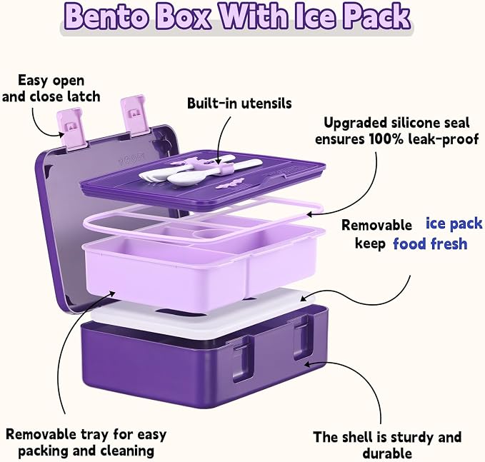 rockpapa Chill Bento Box for Kids- Large 5.5 Cups Lunch Box with Ice Pack - 5 Compartments, BPA-Free, Leak Proof, with Utensils & Portable Handle, Microwave/Dishwasher Safe (Purple Butterfly)