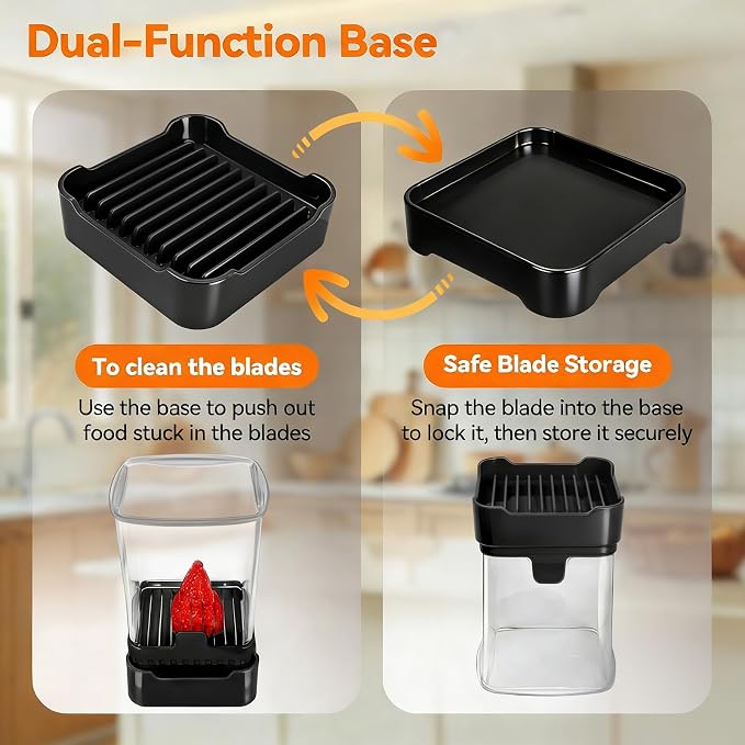 Fruit Slicer Cup for Strawberry, Banana, Hard-Boiled Egg - Detachable Cutter with Push Plate - 304 Stainless Steel Blade - Rapid & Safe Slicing Kitchen Gadget for Quick Meal Prep (Black)