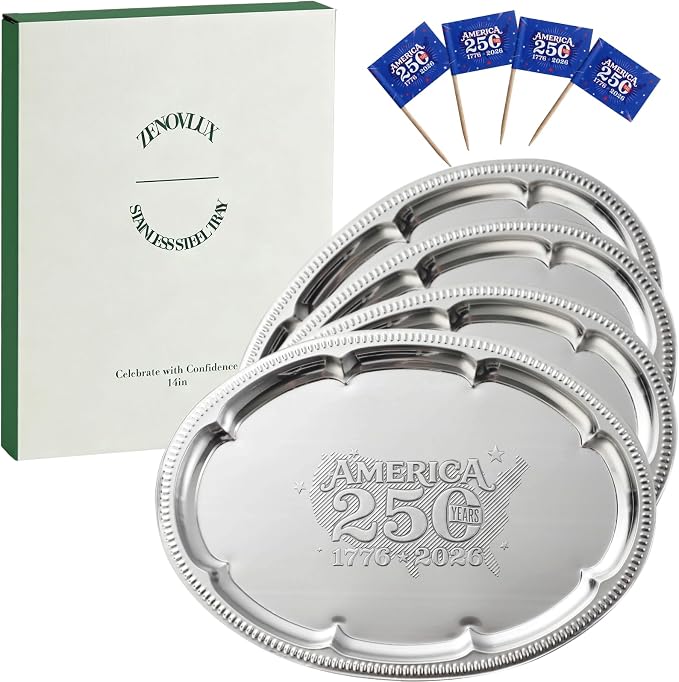 4 Pack 250th Anniversary USA Oval Silver Serving Trays with 4 US Toothpick Flags - 15.7" x 11.8" Stackable Mirror Platter, Floral Engraved Tableware for Fourth of July Party, BBQ, Food