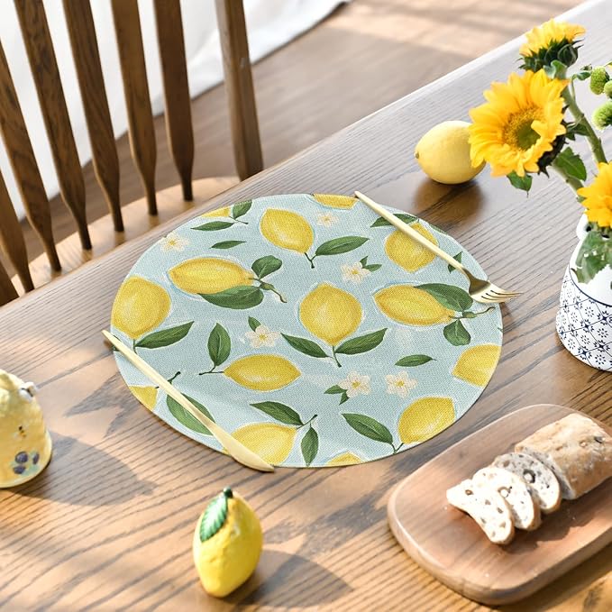 Artoid Mode Blue Lemon Flower Floral Round Summer Placemats Set of 4, 14 Inch Spring Round Table Mats for Dining Decoration