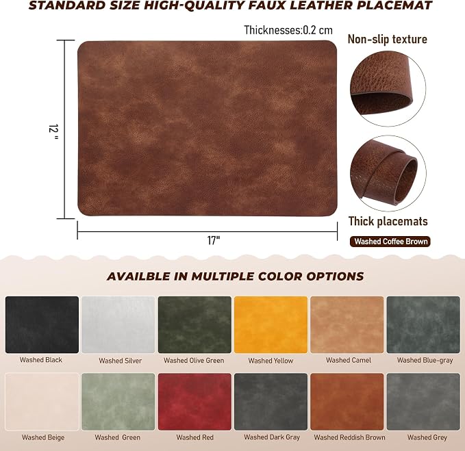 UnivoColors Placemats,Heat Resistant Placemats Set of 4 Washable 12x17 Inch,Waterproof Table Mats,Wipeable Pu Place Mats for Kitchen,Dining Room.Black.