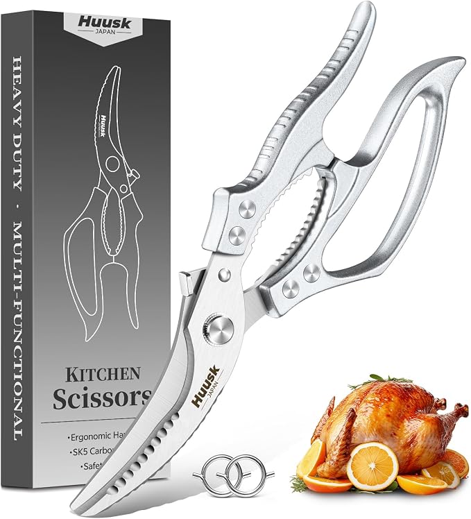Huusk Poultry Shears Heavy Duty – All Purpose Japanese Kitchen Scissors | SK5 Steel Kitchen Shears for Meat, Fish, Vegetables, Chicken Bones, Turkey, Ergonomic Non-Slip Silver Handle, Gifts for Women