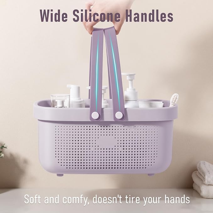 Portable Shower Caddy Basket with Handles Plastic Storage Basket ‌Purple | Sturdy Drainage Large Capacity Organizer Basket with Silicone Handles for Bathroom Kitchen Bedroom College Dorm Essentials