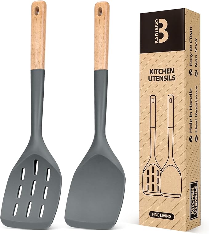 Silicone Spatula, Non Stick Turner for Cooking, Food Grade, Grey | Heat Resistant, Flexible Edge, 2 Pack Wooden Handle Kitchen Turner for Baking Mixing Grilling Serving Food
